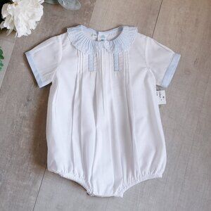 Boy's White and Blue Creeper Romper Heirloom Collection Vintage Scalloped Collar